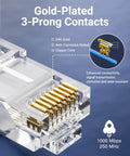 Close-up of Cat6 RJ45 Pass Through Connectors showing gold-plated 3-prong contacts for 10Gbps Ethernet, labeled parts visible.