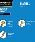 PowerPro Premium Wood Screws features T-25 star drive, fast driving thread, and countersinking blades for clean finish.