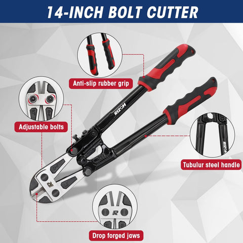 RIZOM 3-piece bolt cutter set: 14-inch bolt cutter, 8-inch mini bolt cutter, 8-inch wire cutter with carrying bag; tubular steel handles