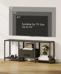 Slick Industrial TV Stand With Fabric Drawer For Fifty Five Inch TV showing TV size compatibility up to 55 inches with open shelves.