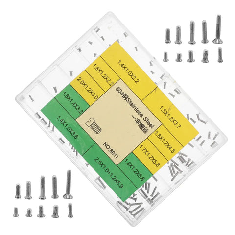 Top Shelf Watch Repair Screws Set Including Ten Precision Stainless Steel Micro Screws Flat Head Build For Watch Band Strap And Case Back Replacement Go To Kit For Watch Repair Guys in a clear storage box.