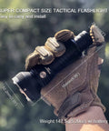 Gloved hand holding 1500 Lumen USB Rechargeable Tactical Flashlight With 1000 Meter Beam For Hunting Camping And Search Missions.