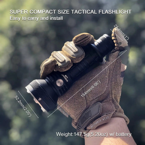 Gloved hand holding 1500 Lumen USB Rechargeable Tactical Flashlight With 1000 Meter Beam For Hunting Camping And Search Missions.