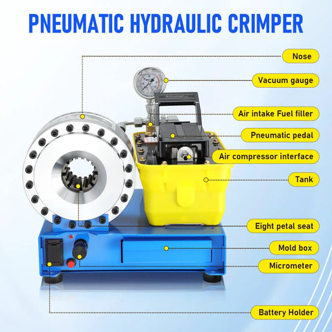 Industrial Grade Pneumatic Hydraulic Hose Crimping Machine With Air Over Oil Technology showing controls and parts for 40Mpa tasks.