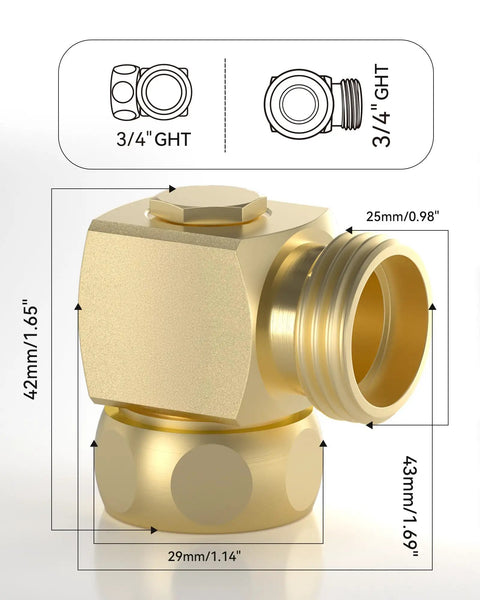 90 Degree Hose Elbow With 360 Degree Swivel 3/4 Inch GHT Garden Hose Connector And Adapter Solid Brass Water Hose Fittings For RV Outdoor Faucet Spigot No Fuss Install Easy Hookup 1 Pack, brass elbow