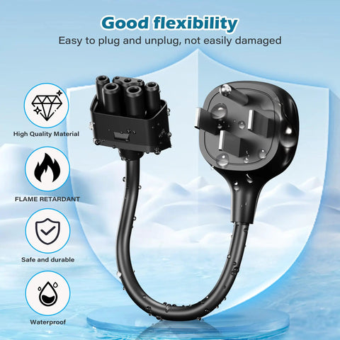 Plug And Play Nema 14-50 To J1772 Converter For Tesla Mobile Connector Gen Two showing flexible black cable and connectors.