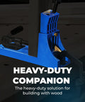 Beefy Heavy Duty Pocket Hole Jig HD with steel drill guides clamping wood, ideal for K5 K4 K3 jigs and thick materials.