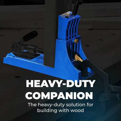 Beefy Heavy Duty Pocket Hole Jig HD with steel drill guides clamping wood, ideal for K5 K4 K3 jigs and thick materials.