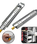 Heavy Duty Full Extension Drawer Slides Tough As Nails Ball Bearing Runners viewed from the side with yellow release levers.