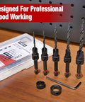 Eight Piece Countersink Drill Bit Set With M2 HSS Tapered Bits In Sizes 4 6 8 10 12, Depth Stop Rings, Allen Wrench, Storage Case