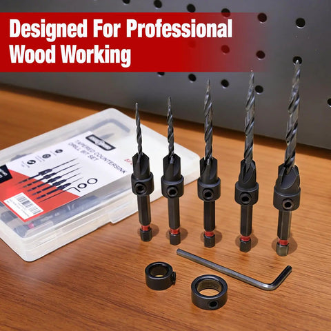 Eight Piece Countersink Drill Bit Set With M2 HSS Tapered Bits In Sizes 4 6 8 10 12, Depth Stop Rings, Allen Wrench, Storage Case