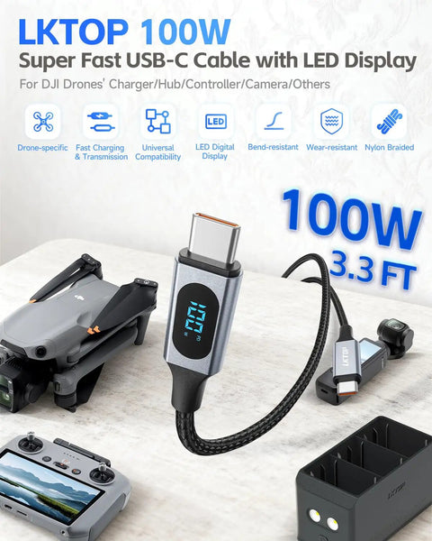 100W USB C Cable With LED Display For DJI Drones And Action Cameras Nylon Braided Type C Fast Charging Cord 3.3 Foot