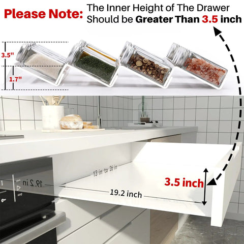 Heavy Duty Clear Acrylic Spice Drawer Organizer 4 Tier 2 Pack Slick Expandable Seasoning Rack dimensions with jars and drawer height.