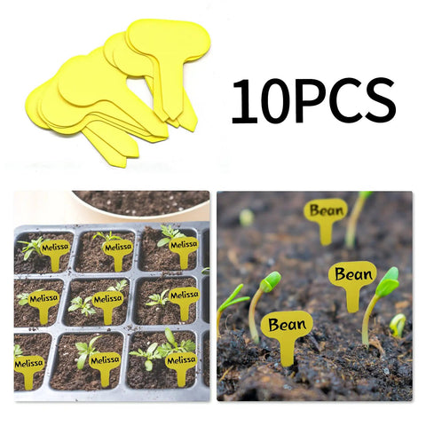 Yellow plant labels with text 'Melissa' and 'Bean' inserted in soil, showing 10 pieces for garden use.