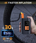 Hand using 4X Faster Dope Bike Floor Pump With Gauge And Auto Stop 160 PSI Compact Mini Pump For Presta Valves, inflating bike tire