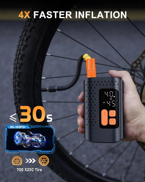 Hand using 4X Faster Dope Bike Floor Pump With Gauge And Auto Stop 160 PSI Compact Mini Pump For Presta Valves, inflating bike tire