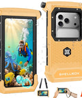 Gen 5 Diving Phone Case For 6.9 Inch Phones With Full Touchscreen Underwater Housing IPX8 Waterproof For IPhone and Samsung, Black Yellow, showing underwater view and accessories.