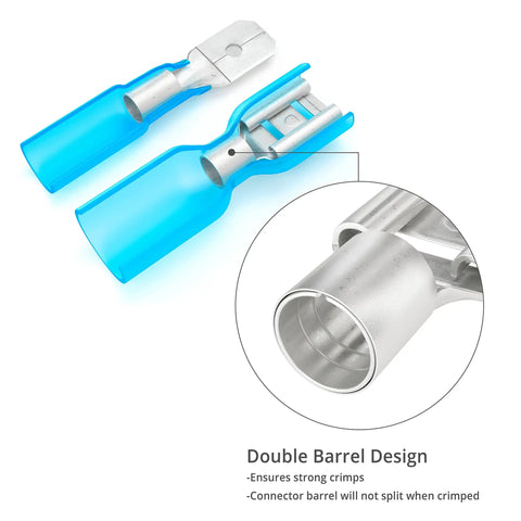 Close-up of Must Have Pro Grade Heat Shrink Spade Connector Kit with double barrel design and blue tubing