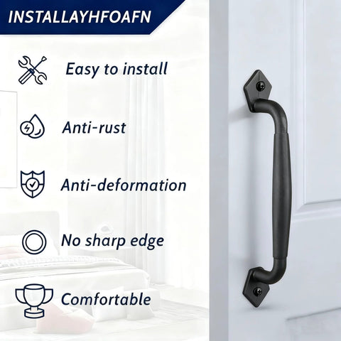 12 Inch Rustic Barn Door Handles Easy Install Heavy Duty Barn Door Pull installed on a door in matte black finish