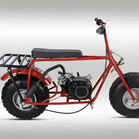 Side view of red mini bike with Exhaust Muffler Kit For Predator 212cc And 196cc 224cc Engines Plus Coleman Ct200u Ex Bt200x GX200
