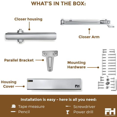 Beefed Up Commercial Door Closer Automatic For High Traffic Doors components including closer housing, arm, bracket, and hardware.