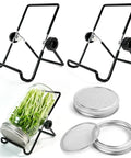 Straight Up Premium 304 Stainless Steel Sprouting Lid For Mason Jars with germination screen, jar with sprouts, and black holders