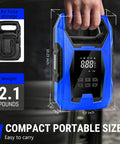 No Drama Portable Tire Inflator Air Compressor With Smart Pressure Gauge and Automatic Shutoff for Cars Trucks Bikes and Sports Inflatables shown in compact size with weight of 2.1 pounds.