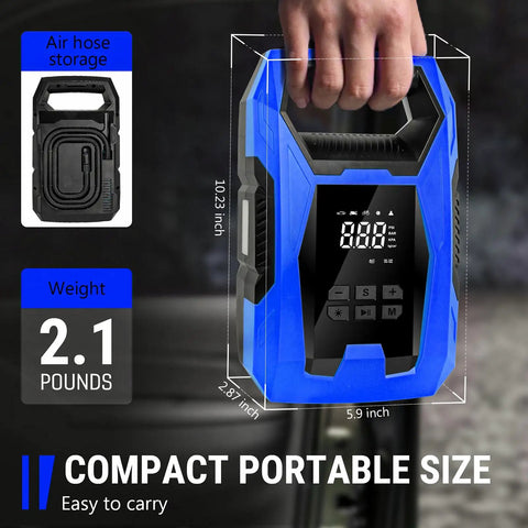 No Drama Portable Tire Inflator Air Compressor With Smart Pressure Gauge and Automatic Shutoff for Cars Trucks Bikes and Sports Inflatables shown in compact size with weight of 2.1 pounds.