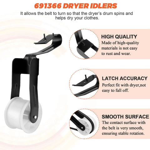 Close-up of 691366 dryer idler showing features for Dryer Drum Belt And Pulley Kit For Whirlpool Kenmore Replacement PS346995