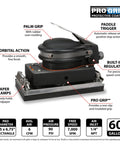 Top Shelf Pneumatic Orbital Sander With Built In Air Regulator And Rubber Over Mold Grip zips through tough sanding with paddle trigger.