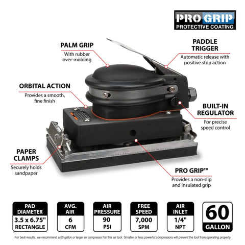 Top Shelf Pneumatic Orbital Sander With Built In Air Regulator And Rubber Over Mold Grip zips through tough sanding with paddle trigger.
