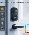 WiFi Smart Lock for front door, featuring keypad and auto locking, suitable for cold weather, Level Up Your Home Security With This Slick WiFi Smart Deadbolt Lock Featuring Heavy Duty Keyless Entry Instant Fingerprint Access Voice Control App Management Auto Locking And Alexa Google Assistant Support For Front Doors.