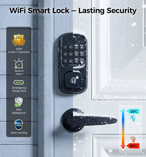 Slick WiFi Smart Door Lock For Front Door Keyless Entry Deadbolt With Handle Set Fingerprint Pin Code Alexa And Google Assistant App Control Voice Access Secure Your Spot Total Game Changer in snowy weather, showcasing built-in alarm and waterproof design.