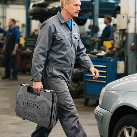 Mechanic carrying 108 Piece Workhorse Mechanic Socket Tool Kit With CR V Steel Sockets in a garage