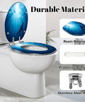 Elongated Silhouettes sharks underwater ocean against bright Toilet Seat showing resin material and stainless steel hinge.