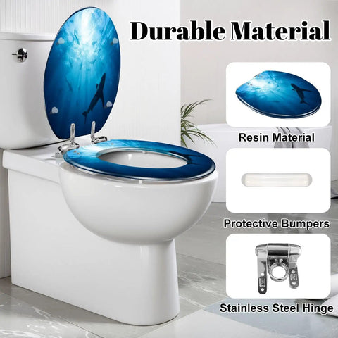 Elongated Silhouettes sharks underwater ocean against bright Toilet Seat showing resin material and stainless steel hinge.