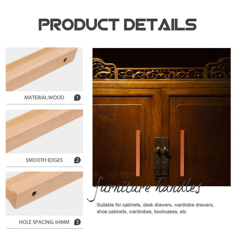 Solid Wood Cabinet Handles Set Of 2 For Drawers Wardrobe Doors And Kitchen Cupboards Built To Last Furniture Hardware With 192mm Center To Center Easy To Install Classic Rustic Farmhouse Style, product details showing material, smooth edges, and hole spacing.