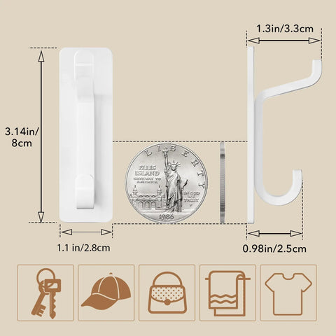 Wall Hooks For Coats And Towels 13 Lb Load Heavy Duty Stick On Adhesive Door Hanger White 4 Pack Double Hook Design size guide