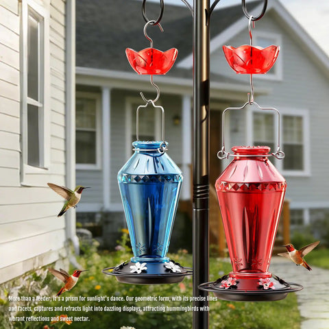 Glass Hummingbird Feeder For Outdoors, 25oz Red With 5 Flower Ports And Bee Guard, Ant Moat, Leakproof Design shown hanging