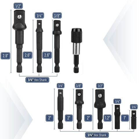Impact Socket Adapter Set Nine Piece Magnetic Bit Holder With One Quarter Inch Three Eighths Inch And One Half Inch Hex Shanks