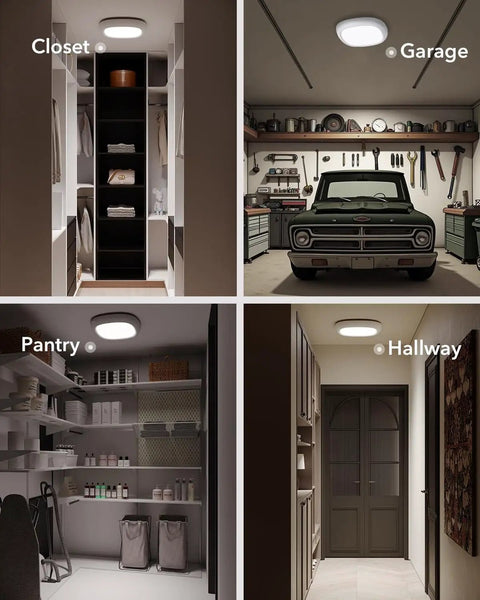 Rechargeable Motion Sensor Ceiling Light With Remote And Wireless No Wiring LED Shower Light Battery Powered 12000mAh Long Lasting Overhead Lighting For Bathroom Pantry Closet installed in closet, garage, pantry, and hallway.