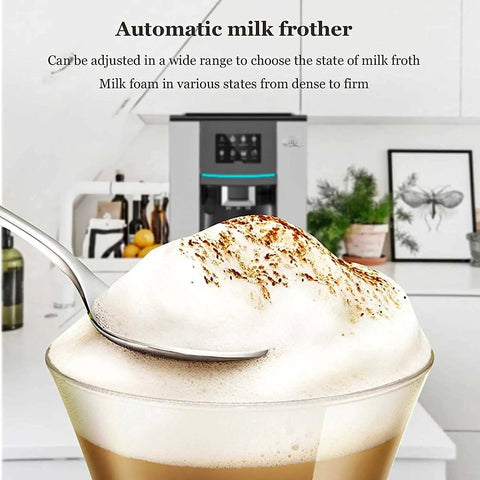 Real Deal Fully Automatic Espresso Machine With Built In Bean Grinder 19 Bar Pump Programmable Smart Coffee Maker Featuring Fast Heating And Auto Cleaning System Black with milk frother and coffee cup.