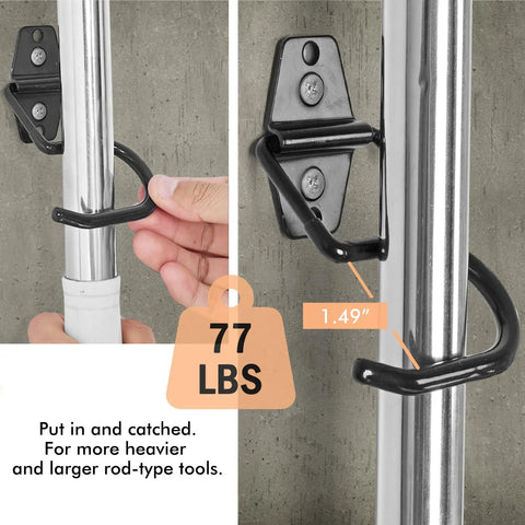 Beefy Heavy Duty Metal Broom Holder Wall Mount 12 Pack S Hooks for Mop with 77 lbs capacity and 1.49-inch grip size.