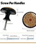 Yellow Mandala Flower Cabinet Knobs Four Pack Boho Floral Glass Drawer Pulls with two screws and measurements shown.