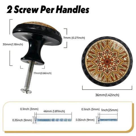 Yellow Mandala Flower Cabinet Knobs Four Pack Boho Floral Glass Drawer Pulls with two screws and measurements shown.