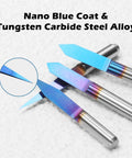 Dope 10 Piece One Eighth Inch Shank V Groove CNC Router Bits Set With 10 15 20 25 30 40 45 60 90 Degree Angles Nano Blue Coat Conical V Bit Engraving Tool For CNC Sign Making Lettering 2D And 3D Carving, showing three bits with nano blue coat.