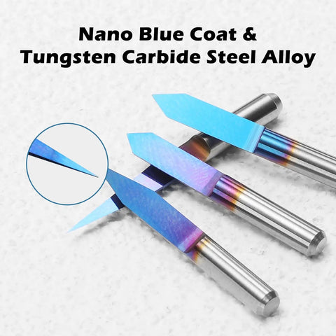 Dope 10 Piece One Eighth Inch Shank V Groove CNC Router Bits Set With 10 15 20 25 30 40 45 60 90 Degree Angles Nano Blue Coat Conical V Bit Engraving Tool For CNC Sign Making Lettering 2D And 3D Carving, showing three bits with nano blue coat.