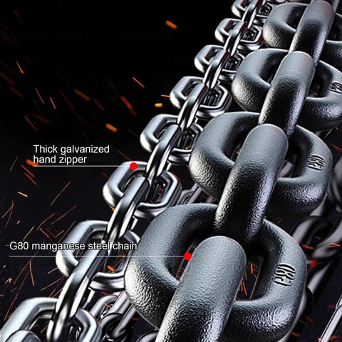 Close-up of G80 manganese steel chain used in Hand Chain Hoist Heavy Duty Crane Double Pawl Brake Loads 1 Ton 2 Ton 3 Ton.