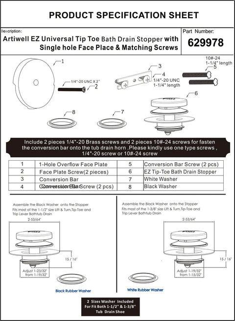 No Sweat Champagne Bronze Universal Tub Drain Conversion Kit parts specification sheet with face plate, screws, and washers.