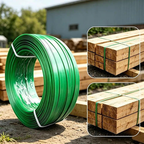 Heavy-Duty Strapping Tape Rolls And Flat Woven Fiber Rope Kit For Securing Heavy Loads, 6 Roll Set in outdoor setting with timber.